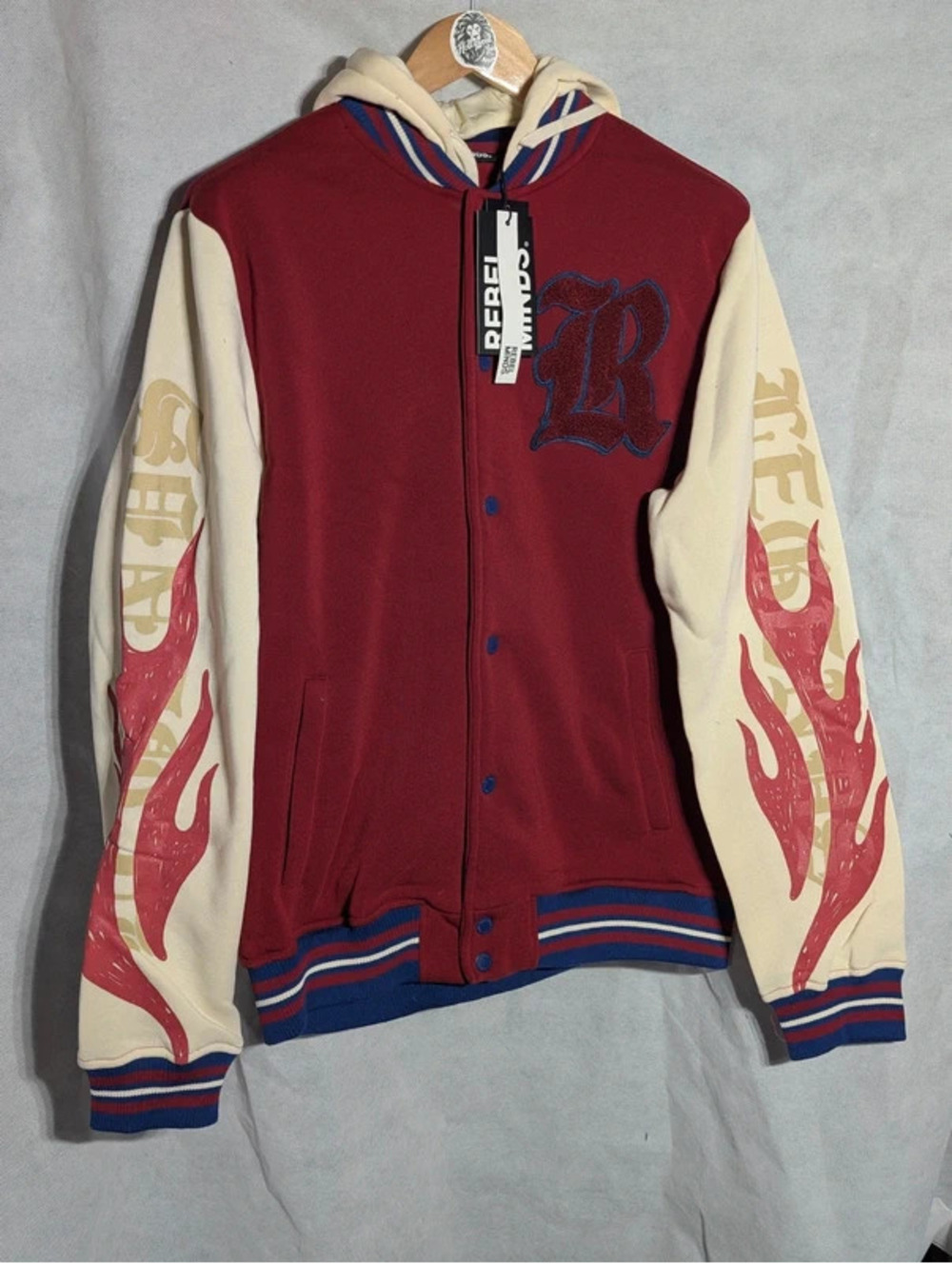Rebel Minds Hooded Varsity Jacket L NWT Burgundy Flame Doberman Graphic Fleece
